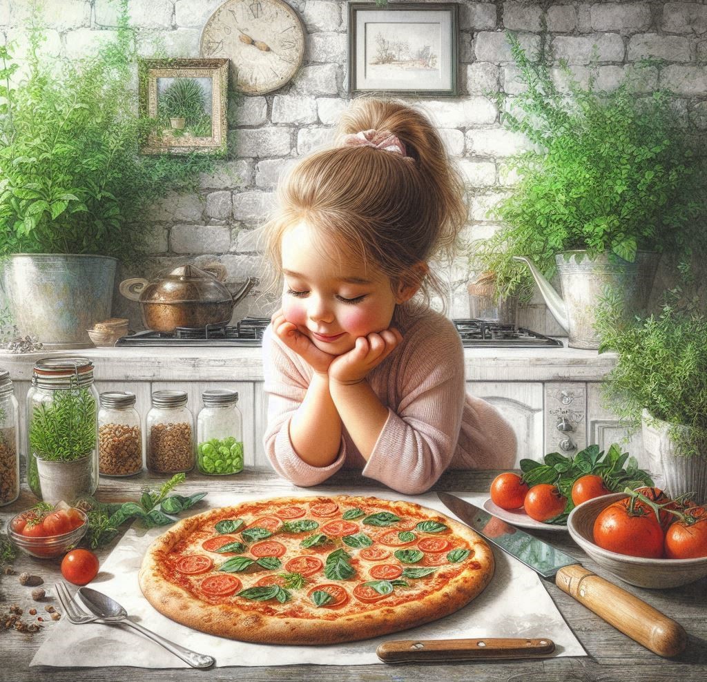 Young girl smiling at pizza on kitchen counter with tomatoes and herbs