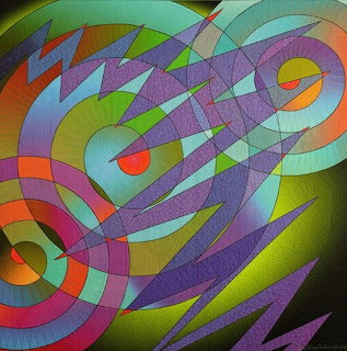 Abstract geometric quilt with colorful curved strips forming a spiral snail pattern on textured fabric
