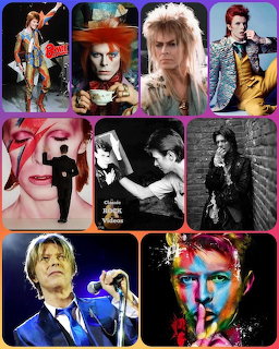 Collage of David Bowie photos showing various iconic looks and personas throughout his career