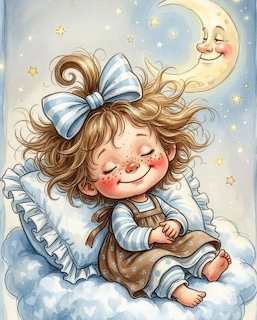 Illustration of a girl with a blue bow sleeping on a fluffy cloud beneath a smiling moon and stars