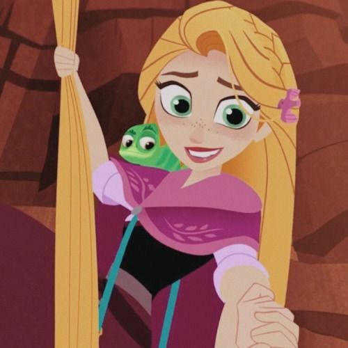 Cartoon Rapunzel with long blonde hair smiling, with Pascal on her shoulder