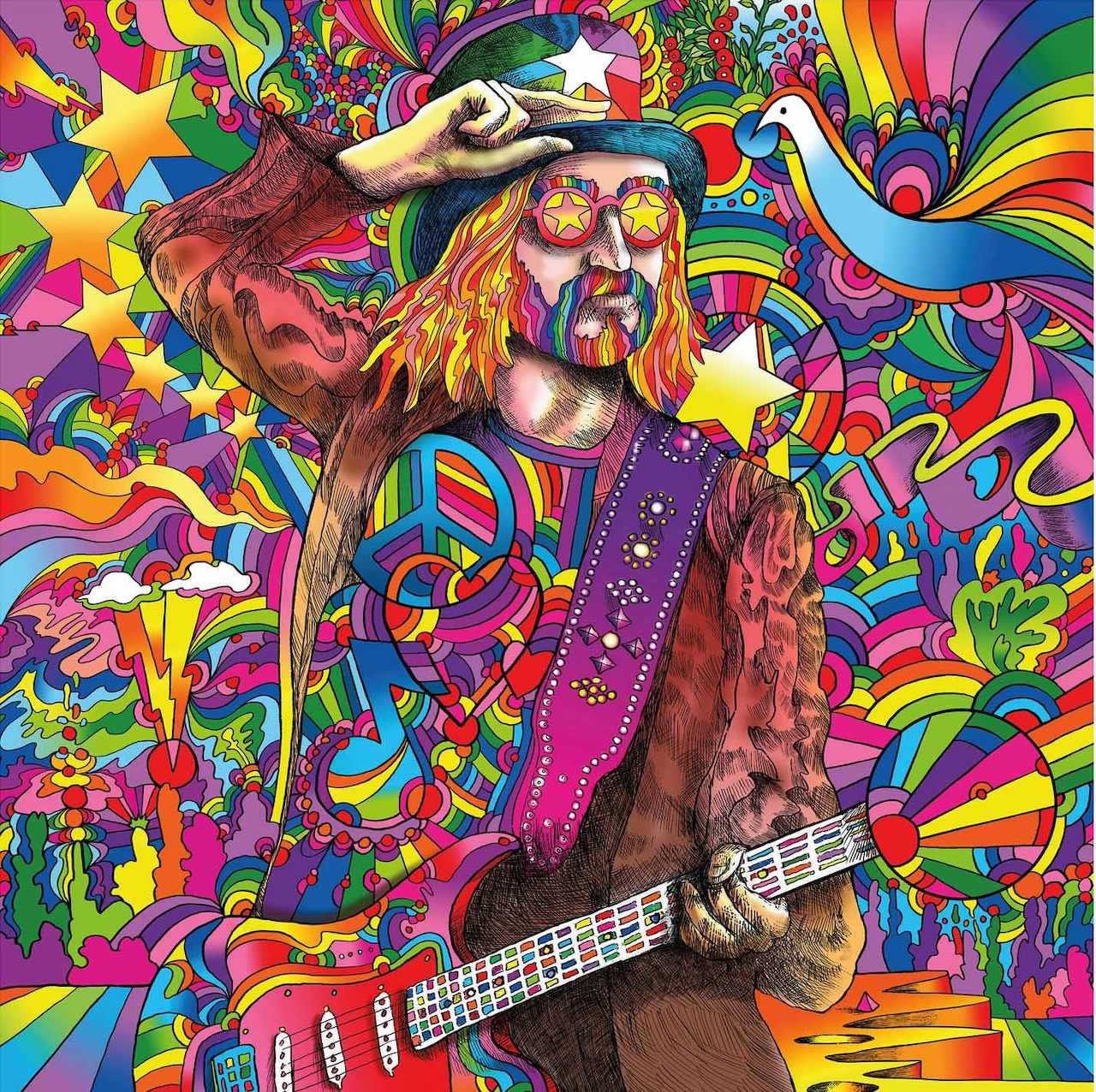 Colorful psychedelic illustration of a rock guitarist with orange hair, sunglasses, and hat amid swirling patterns