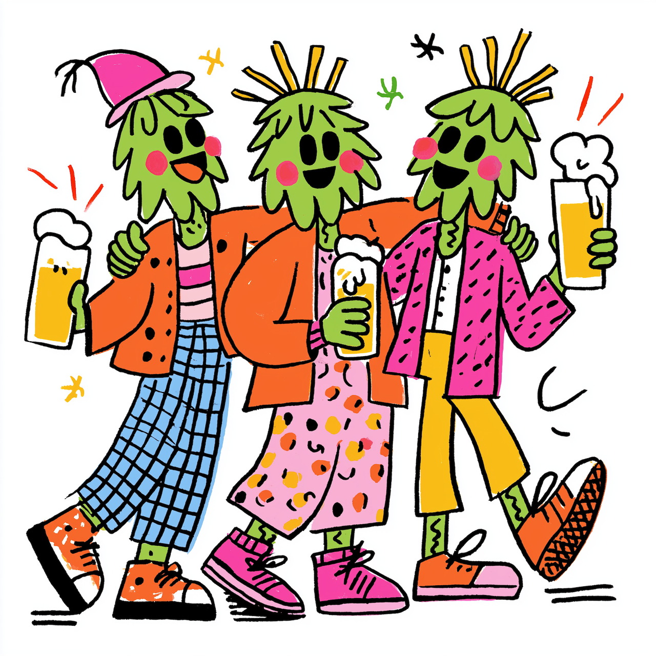 Three green cartoon monsters wearing bright patterned clothes and holding beer mugs