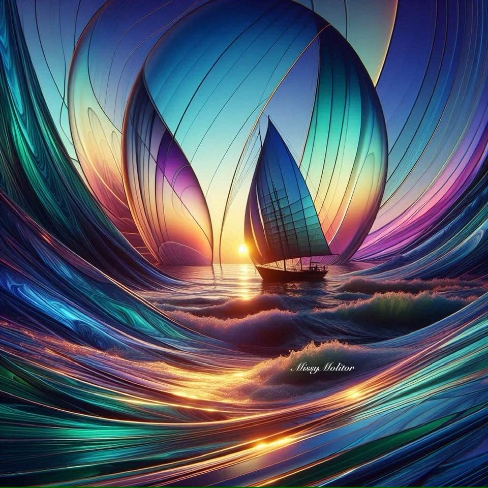 Sailboat silhouette surrounded by swirling multicolored light waves at sunset on ocean