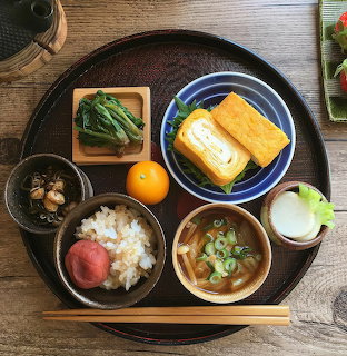 Overhead view of traditional Japanese breakfast set on wooden tray with multiple small dishes