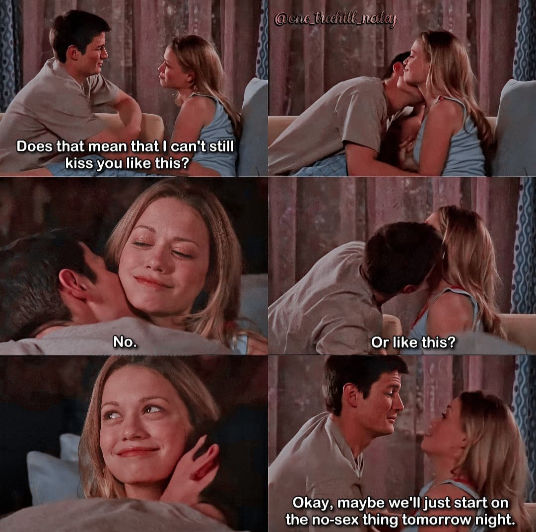 Six-panel collage of a man and woman flirting and kissing on a bed with subtitle text