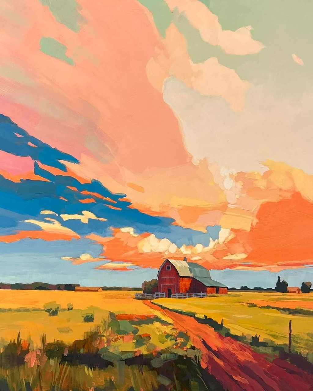 Painting of a red barn in golden fields beneath dramatic blue and coral sunset clouds.