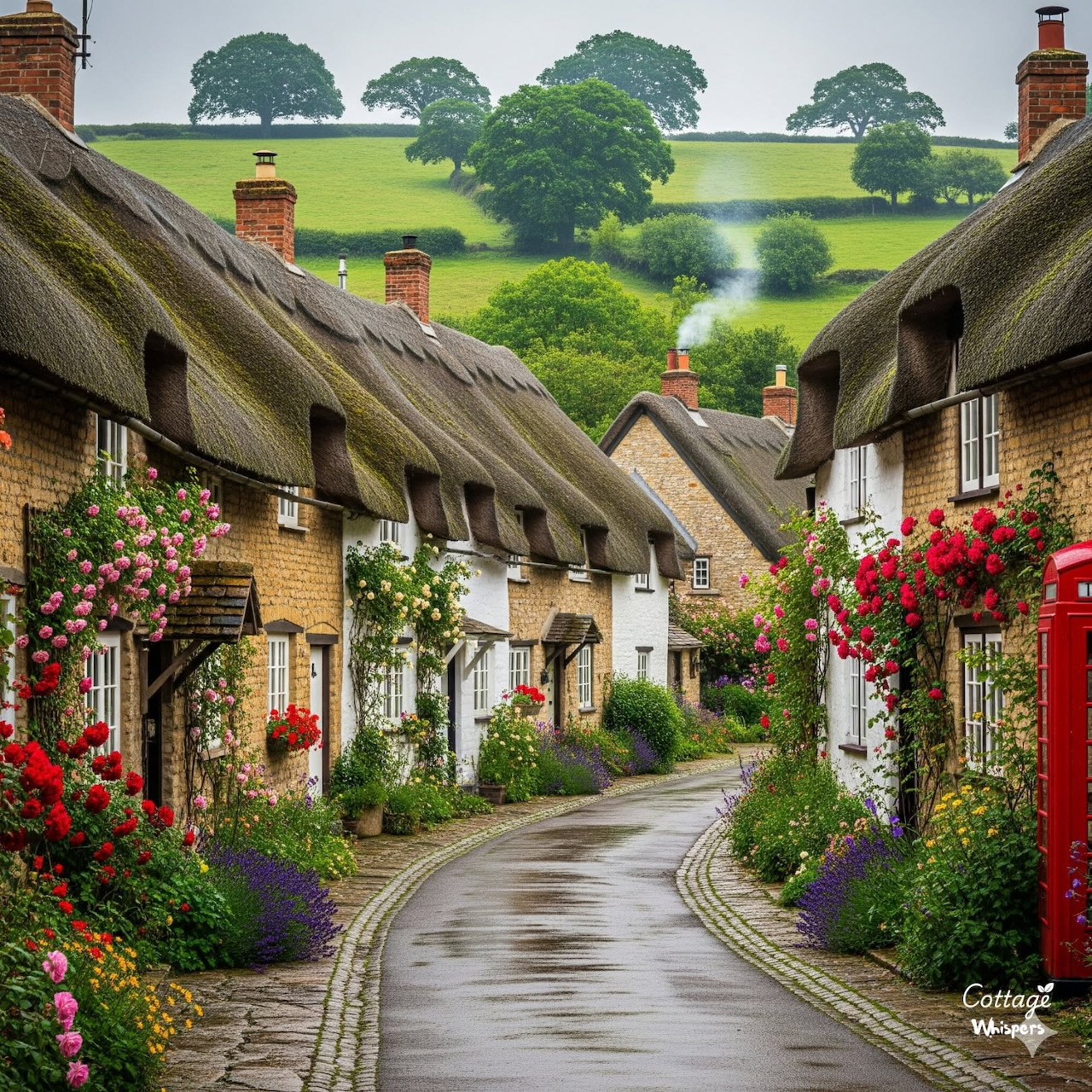 Wet village lane lined with thatched cottages and colorful flowers