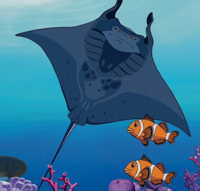 Cartoon stingray swimming underwater with two clownfish near coral