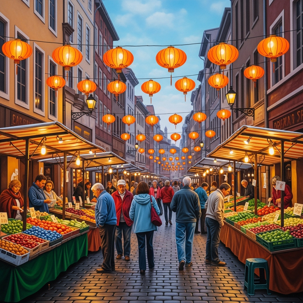 Crowded street market with fruit stalls and red lanterns hanging above a narrow city street