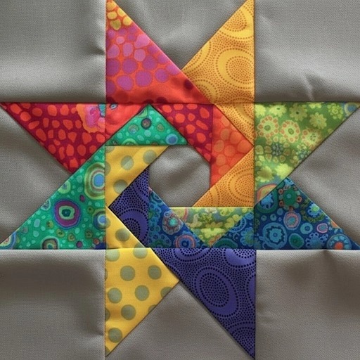 Colorful spinning star quilt block with patchwork triangles in pink, orange, yellow, green, purple, and blue fabrics