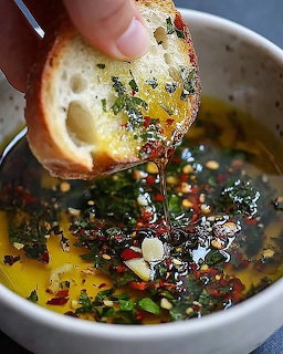 Hand holding toasted bread slice being dipped into bowl of herb-infused olive oil