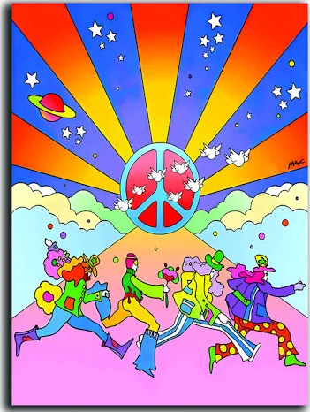 Psychedelic pop art with peace sign, running figures, doves, planet and starry sunburst rays.