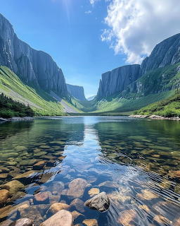 Clear rocky lake in a steep green mountain valley under a blue sky