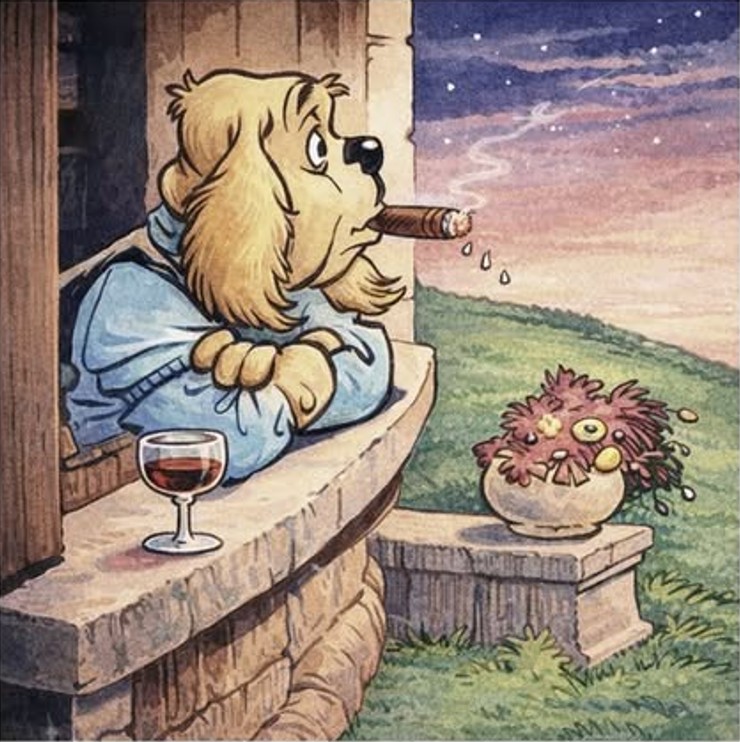 Cartoon dog leaning from a stone window with a cigar and wine glass at sunset