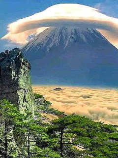 Mount Ararat above a sea of clouds with a rocky cliff and pine trees in the foreground