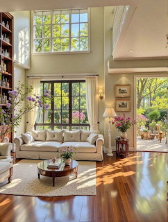 Sunlit living room with cream sofas, tall windows, wood floor, and open doors to a garden