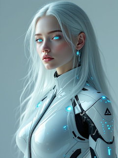 Blonde woman with glowing blue eyes in futuristic white uniform with cybernetic details