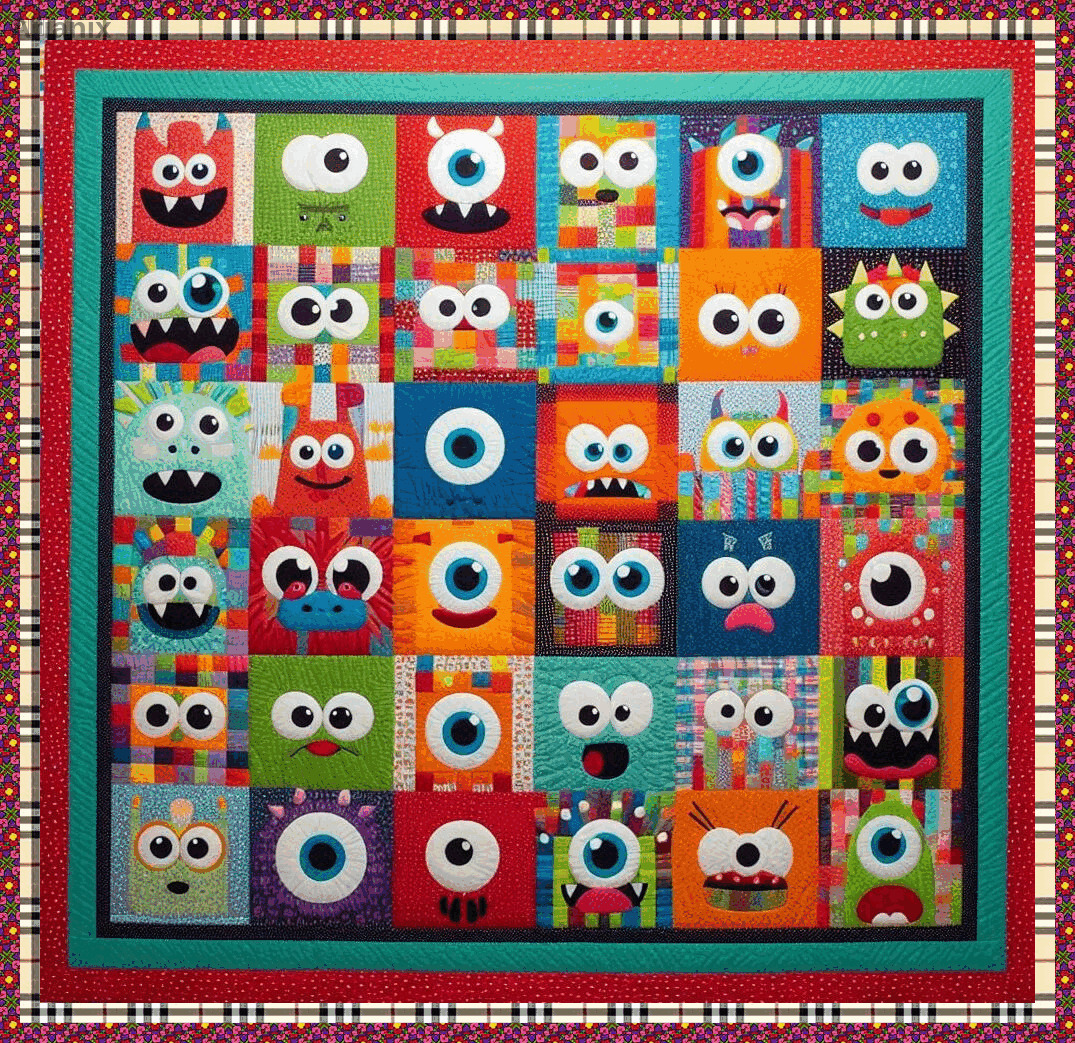 Patchwork quilt with grid of colorful cartoon monster faces in various expressions