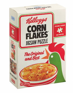 Kellogg's Corn Flakes jigsaw puzzle box with cereal bowl and rooster graphic