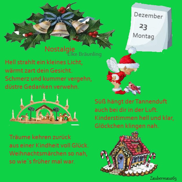 December 23 advent calendar with Christmas bells, nativity scene, gingerbread house, and German text on green background