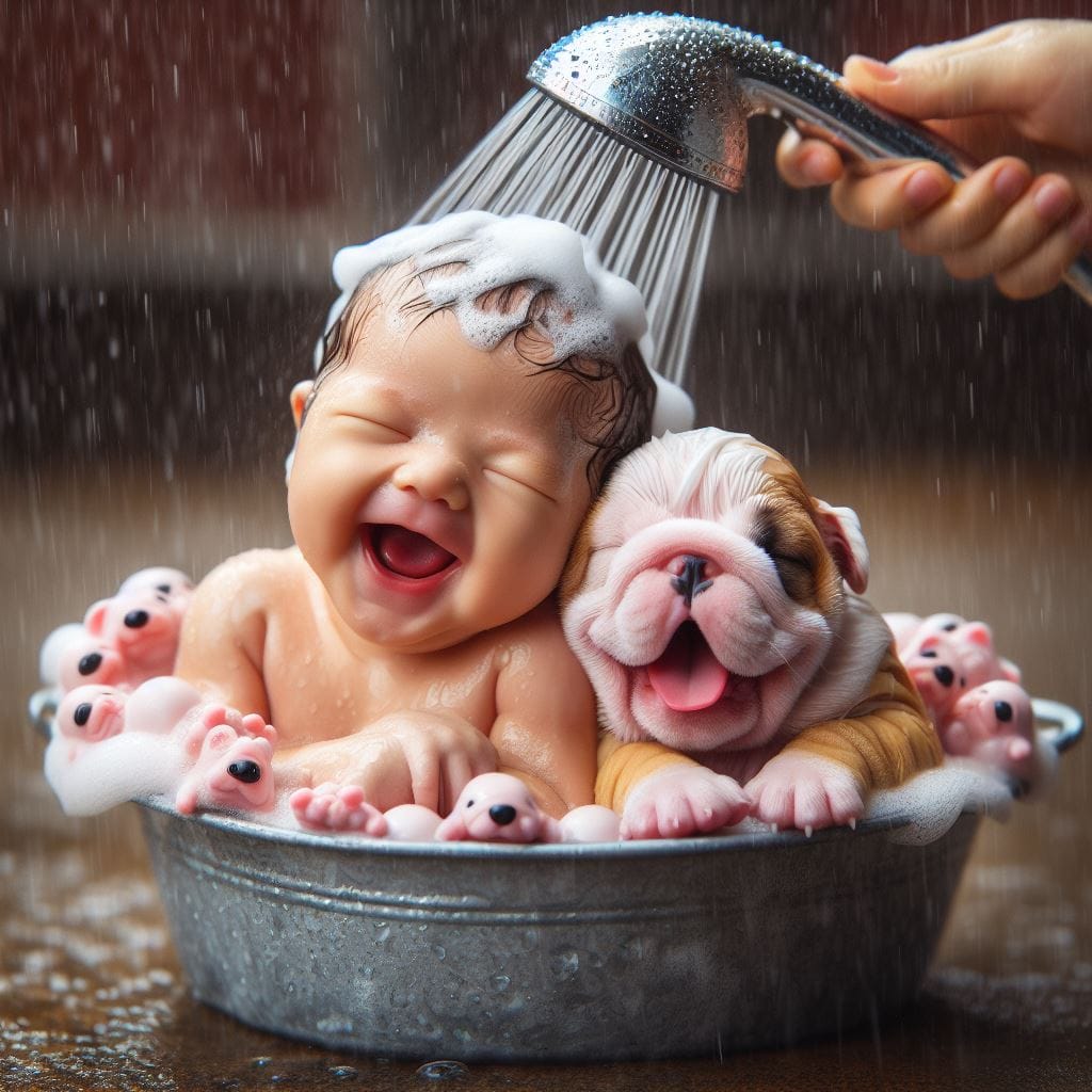 Laughing baby and bulldog puppy sitting together in a metal washtub being sprayed with water