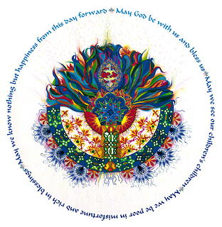 Circular mandala with colorful peacock feather pattern and ornate center surrounded by decorative border and text