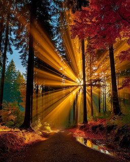 Sunbeams Through Autumn Forest