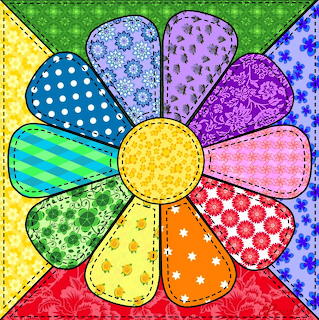 Colorful patchwork daisy with fabric-patterned petals in various designs on quilted squares background