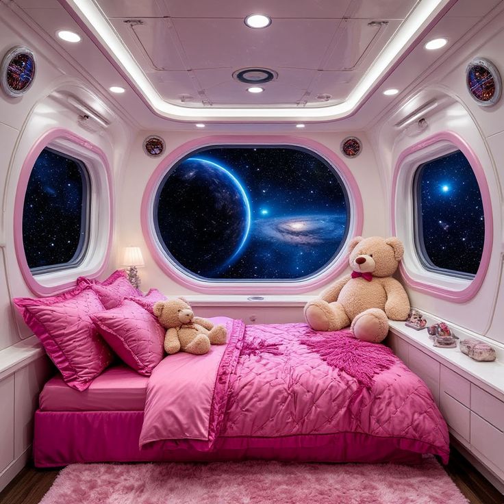 Pink sci-fi bedroom with teddy bears and large windows showing stars and galaxies