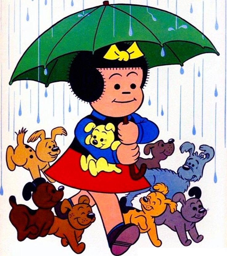 Nancy cartoon character with umbrella in rain surrounded by dogs and cats