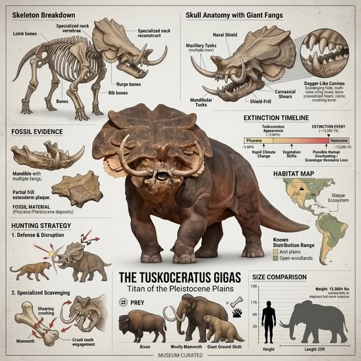 Scientific infographic of Tuskoceratops Gigas showing skeletal structure, anatomy diagrams, fossils, and comparative size charts