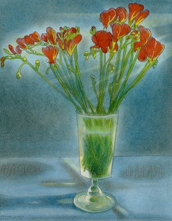 Painting of red fresia flowers in a glass vase against a blue background