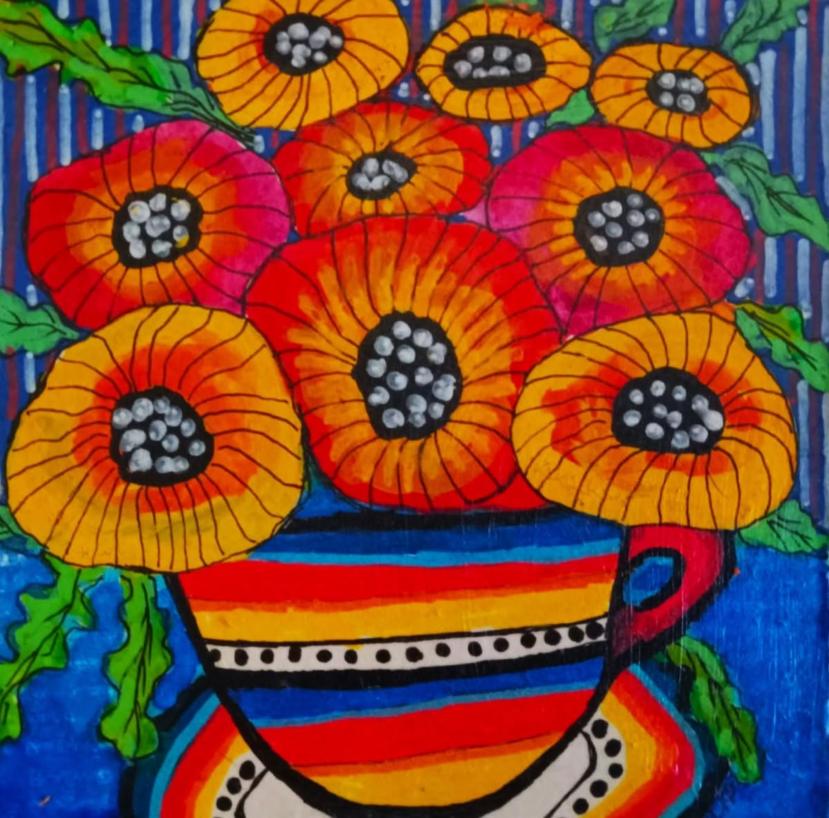 Painting of orange flowers in a striped vase on a blue background