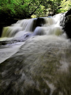 Cascading waterfall with silky smooth water flowing over rocks surrounded by green forest