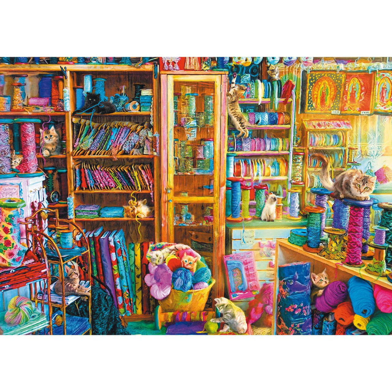 Bright craft room with wooden shelves overflowing with colorful fabrics, yarn, and crafting materials
