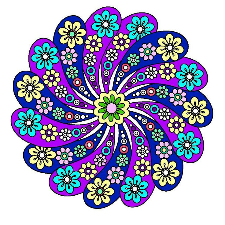 Colorful mandala with spiral flower pattern in purple, blue, and yellow tones