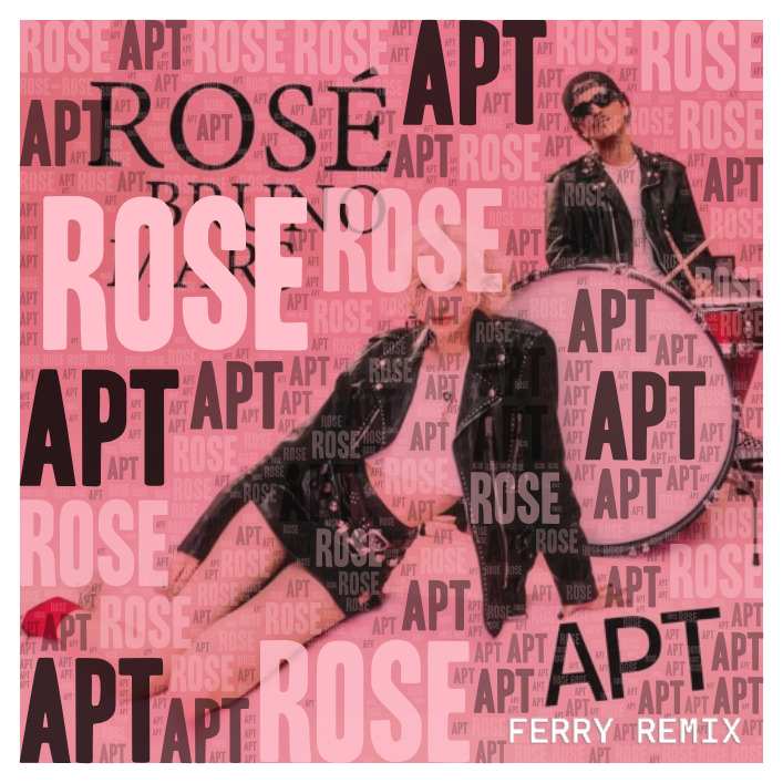 Pink album cover with two people in black leather outfits posing beside a bass drum with Rosé and APT text