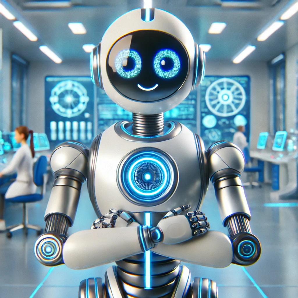 Smiling humanoid robot in a futuristic lab with blue glowing screens