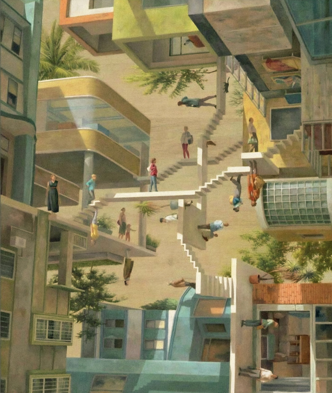 Sureal illustration of buildings and people walking in different gravitational directions with stairs and urban architecture