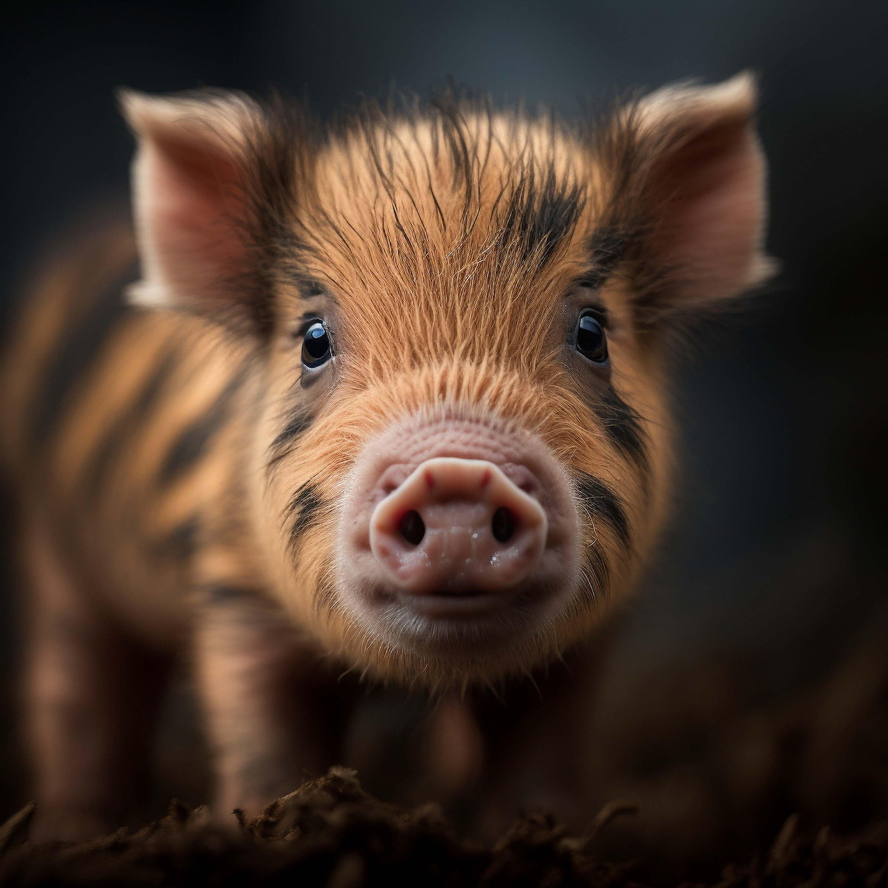 Close-up of a cute baby pig with brown striped fur and pink nose looking at the camera