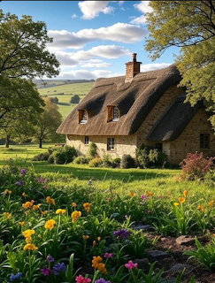 Thatched cottage with stone walls in a vibrant garden with yellow and purple flowers, trees, and countryside view