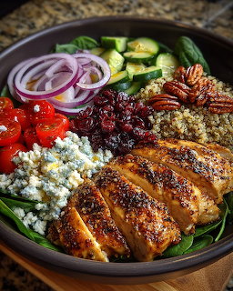 Grilled chicken salad bowl with vegetables, cheese, and nuts in black dish