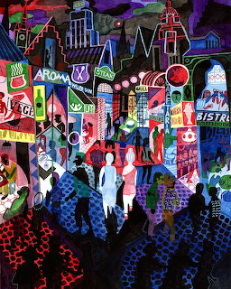 Abstract collage of crowded city street at night with neon signs and silhoueted people in vibrant colors
