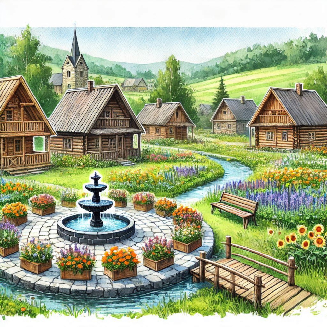Watercolor village scene with fountain, flowers, wooden houses and church in countryside