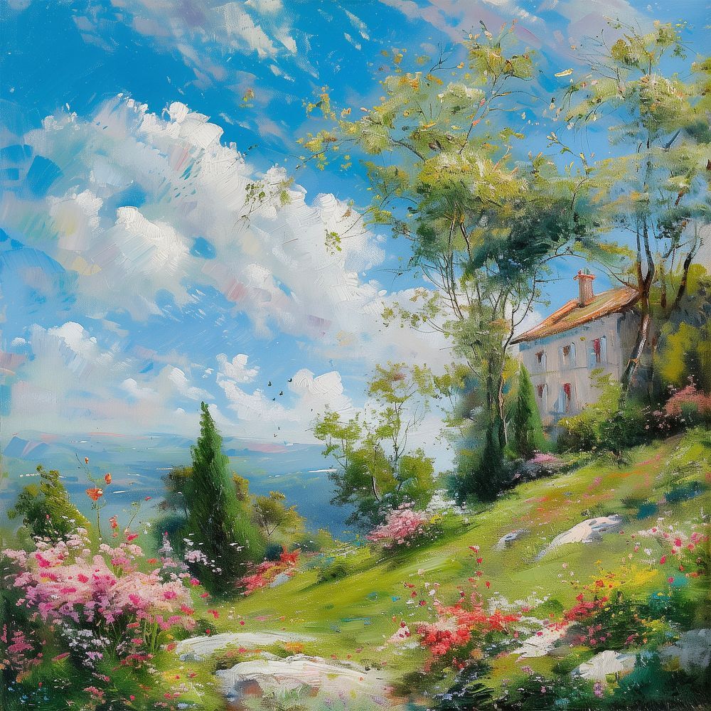 Impressionist painting of white villa on coastal hillside with colorful flower garden and ocean view under blue sky