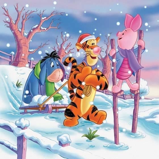 Winnie the Pooh characters playing in snow with winter decorations