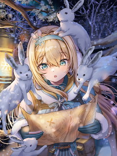 Anime girl with blonde hair in winter coat surrounded by white rabbits in snowy forest with lantern