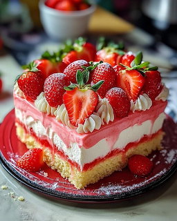 Layered strawberry cream cake topped with fresh strawberries and whipped cream on a red plate