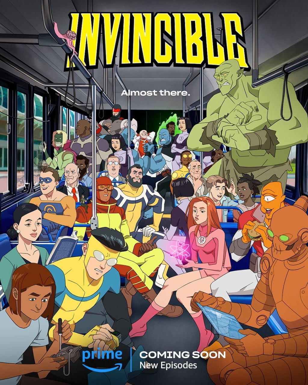 Invincible animated series poster with diverse superhero characters on a crowded bus, Amazon Prime Video
